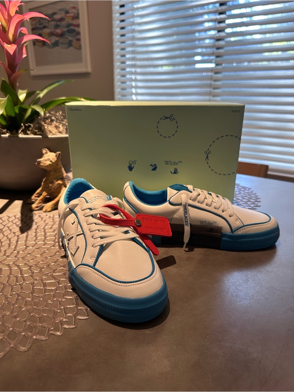 Off-White White Leather Sneakers with Blue Soles and Red Zip Tag
